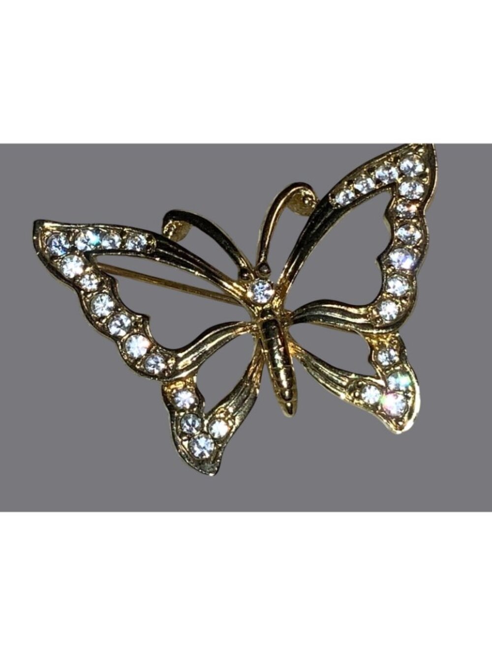 Gold Tone Butterfly Brooch With Clear Rhinestone Detailing Women Jewelry - Picture 2 of 6